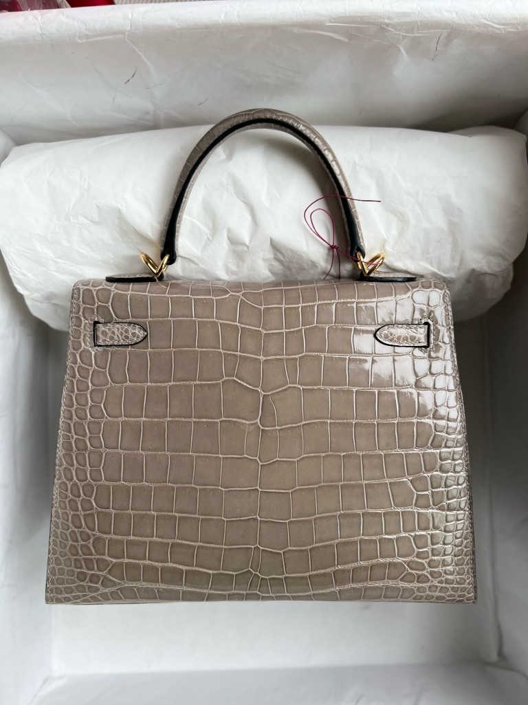 Hermès（爱马仕）Kelly 凯莉包 Porosus shiny 亮面鳄鱼 ck81 斑鸠灰 Gris T 金扣 25cm 顶级手缝