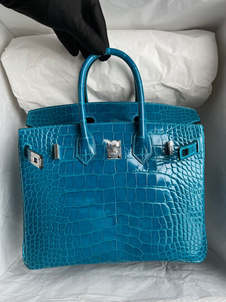 Hermès(爱马仕)Birkin 铂金包 Alligator shiny 亮面鳄鱼 7w 伊兹密尔蓝 银扣 25cm 顶级手缝-拉尔森鳄鱼皮具定制 - 爱马仕包包官网 Hermès(爱马仕)Birkin 铂金包 Alligator shiny 亮面鳄鱼 7w 伊兹密尔蓝 银扣 25cm 顶级手缝
