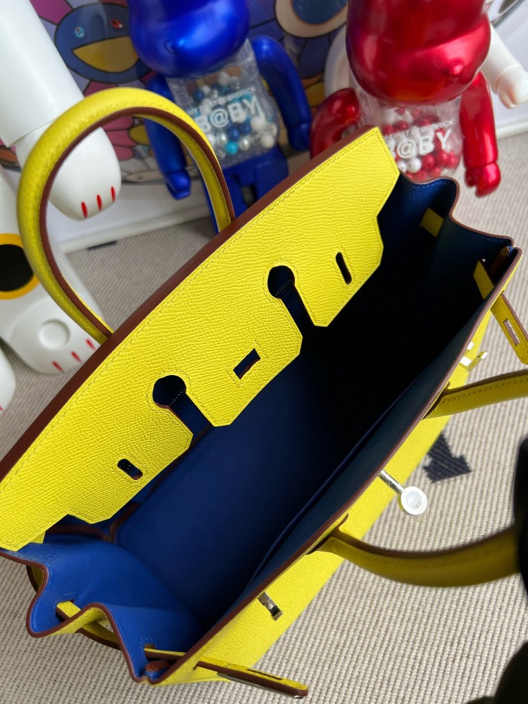 Hermès(爱马仕)Birkin 铂金包 Epsom 原厂掌纹皮 9R 柠檬黄 内拼 琉璃蓝 银扣 25cm 顶级手缝-拉尔森鳄鱼皮具定制 - 爱马仕包包官网 Hermès(爱马仕)Birkin 铂金包 Epsom 原厂掌纹皮 9R 柠檬黄 内拼 琉璃蓝 银扣 25cm 顶级手缝