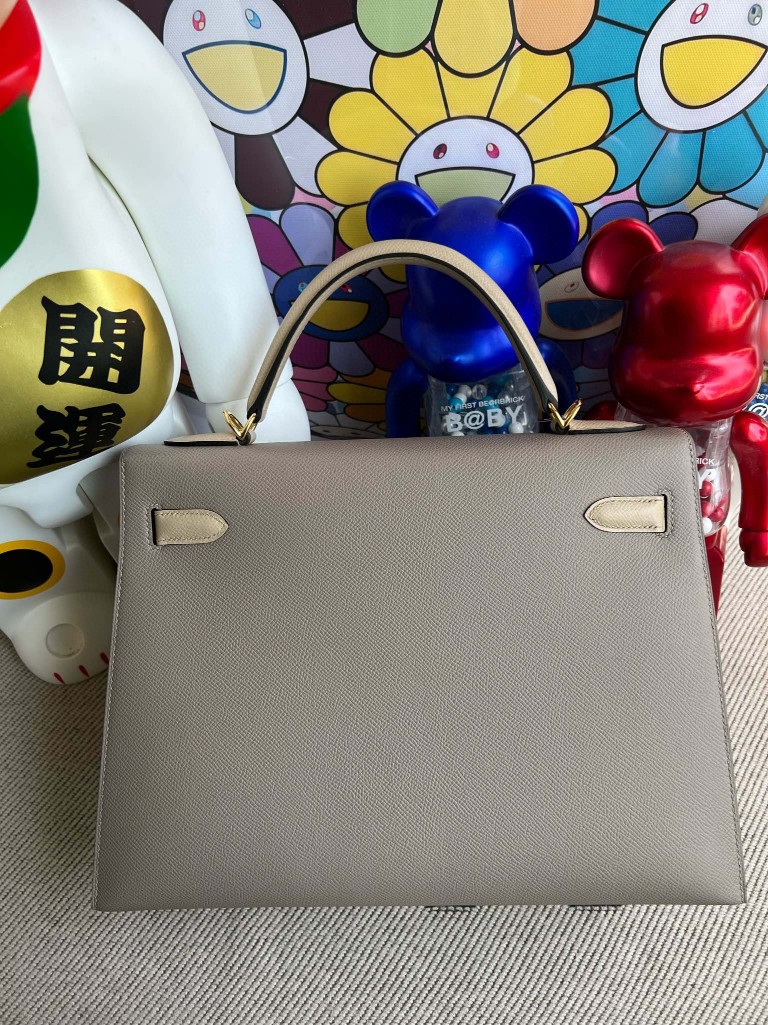 Hermès（爱马仕）Kelly 凯莉包 Epsom 原厂掌纹皮 M8 沥青灰 拼 风衣灰 金扣 32cm 马蹄印 顶级手缝