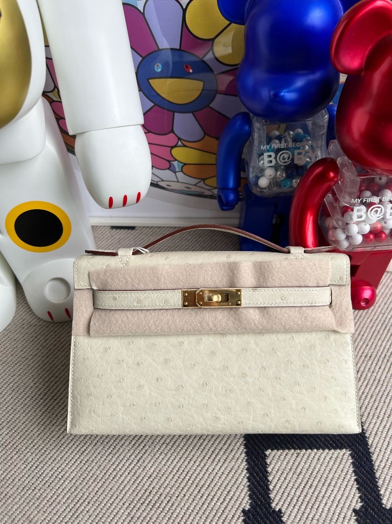 Hermès（爱马仕）Mini pochette Ostrich kk 鸵鸟 3C 羊毛白 金扣 22cm 顶级手缝