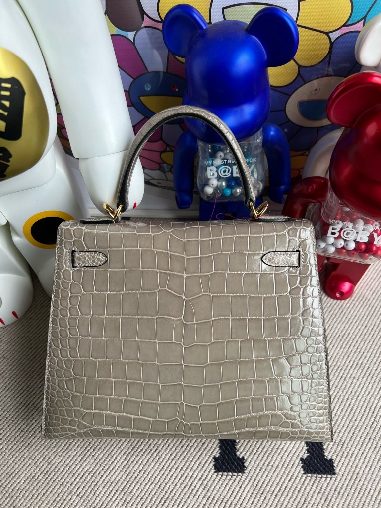 Hermès（爱马仕）Kelly 凯莉包 Porosus shiny 亮面鳄鱼 ck81 斑鸠灰 Gris T 金扣 25cm 顶级手缝