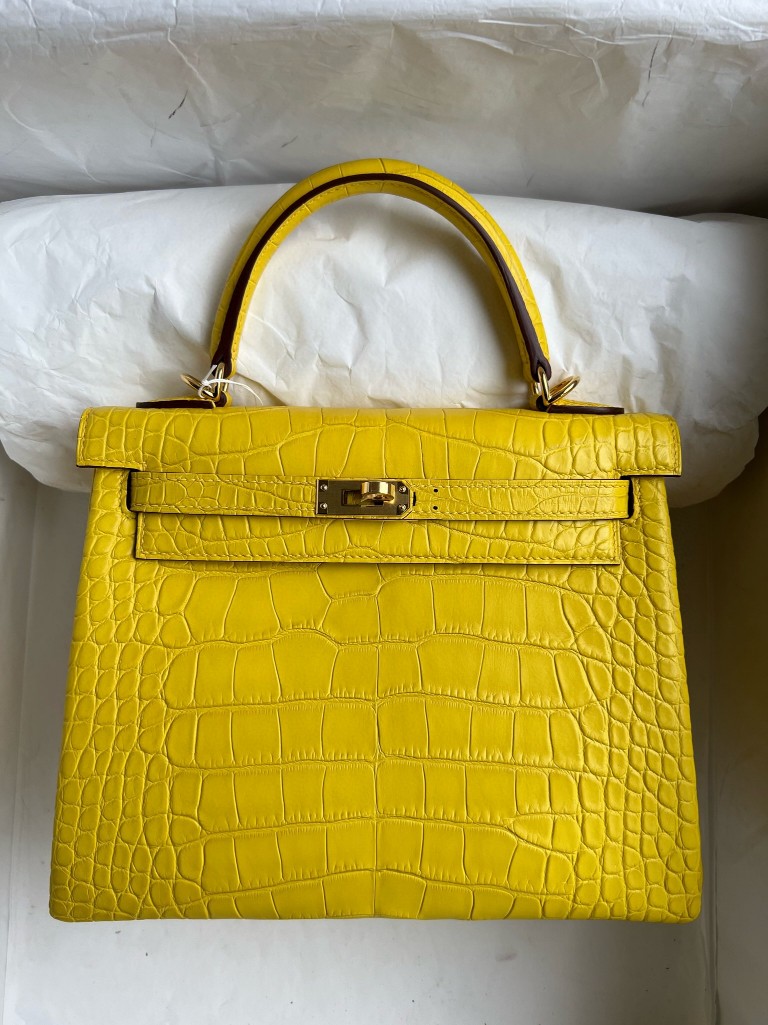 Hermès（爱马仕）kelly 凯莉包 Alligator matt 雾面鳄鱼 M9 金盏花黄 内拼 帝王绿 金扣 25cm 马蹄印 顶级手缝
