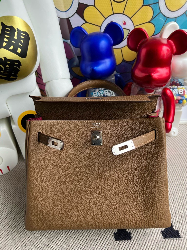 Hermès（爱马仕）kelly 凯莉包 原厂小牛皮 togo 3G 栗子棕 内拼 墨西哥粉 银扣 25cm 顶级手缝