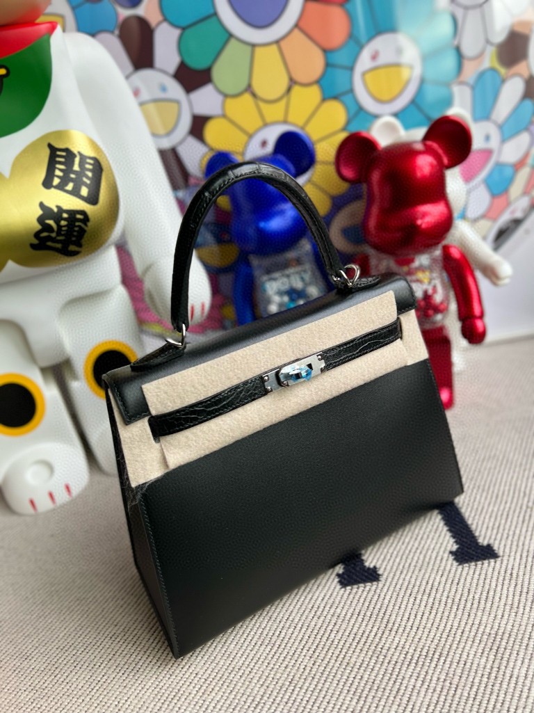 Hermès（爱马仕）Kelly 凯莉包 Touch Boxcalf ck89 黑色 雾面鳄鱼 银扣 25cm 顶级手缝