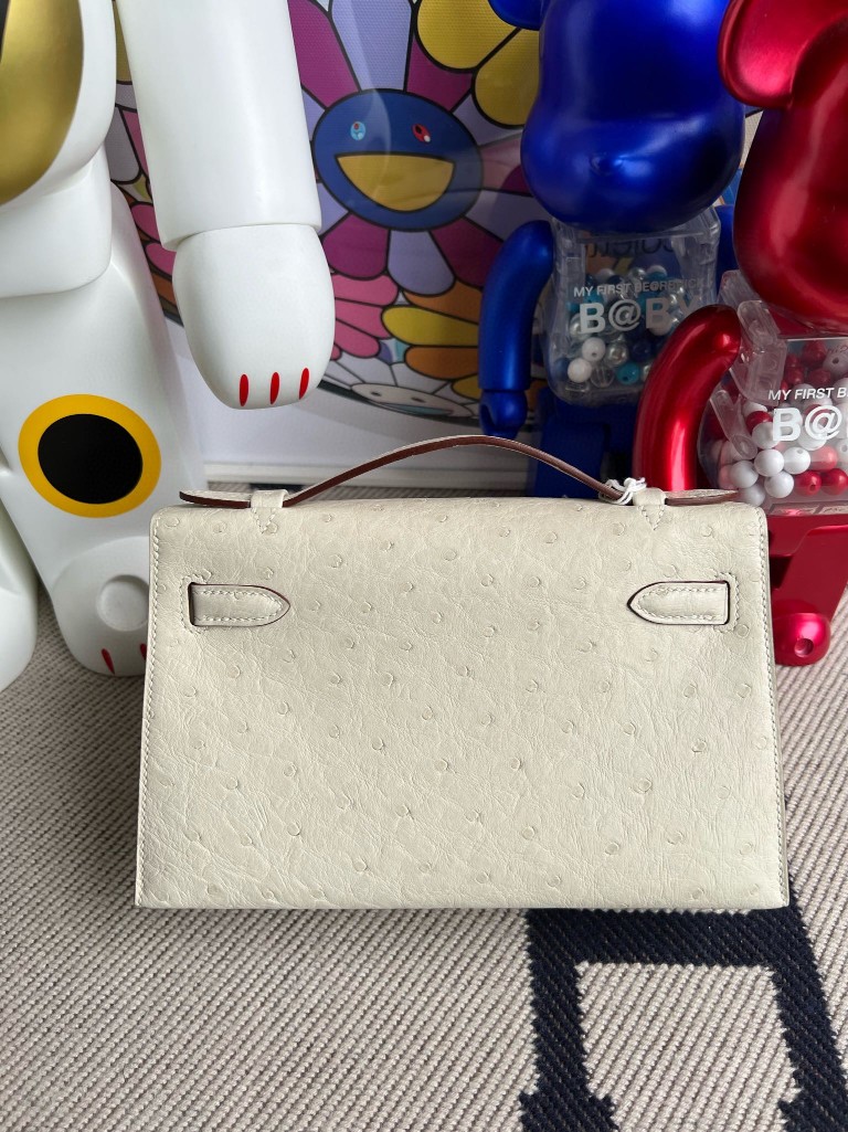 Hermès（爱马仕）Mini pochette Ostrich kk 鸵鸟 3C 羊毛白 金扣 22cm 顶级手缝