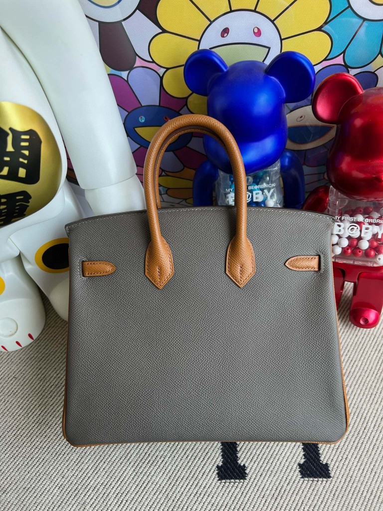 Hermès（爱马仕）Birkin 铂金包 Epsom 原厂掌纹皮 锡器灰 拼 金棕色 金扣 25cm 马蹄印 顶级手缝