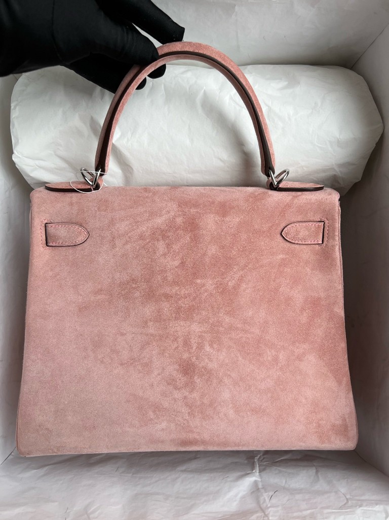 Hermès(爱马仕)Kelly 凯莉包 麂皮 奶昔粉 银扣 内缝 28cm-拉尔森鳄鱼皮具定制 - 爱马仕包包官网 Hermès(爱马仕)Kelly 凯莉包 麂皮 奶昔粉 银扣 内缝 28cm