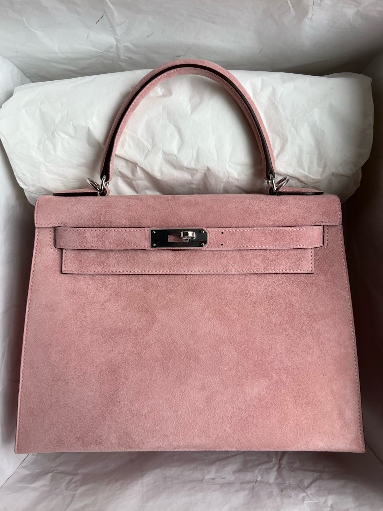 Hermès(爱马仕)kelly 凯莉包 麂皮 粉色 银扣 28cm 顶级手缝-拉尔森鳄鱼皮具定制 - 爱马仕包包官网 Hermès(爱马仕)kelly 凯莉包 麂皮 粉色 银扣 28cm 顶级手缝