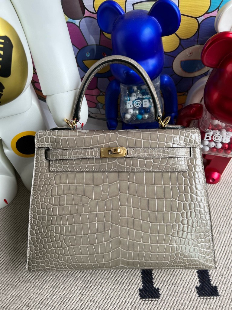 Hermès（爱马仕）Kelly 凯莉包 Porosus shiny 亮面鳄鱼 ck81 斑鸠灰 Gris T 金扣 25cm 顶级手缝
