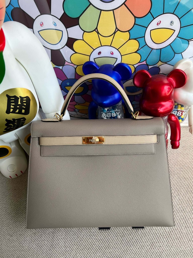 Hermès（爱马仕）Kelly 凯莉包 Epsom 原厂掌纹皮 M8 沥青灰 拼 风衣灰 金扣 32cm 马蹄印 顶级手缝