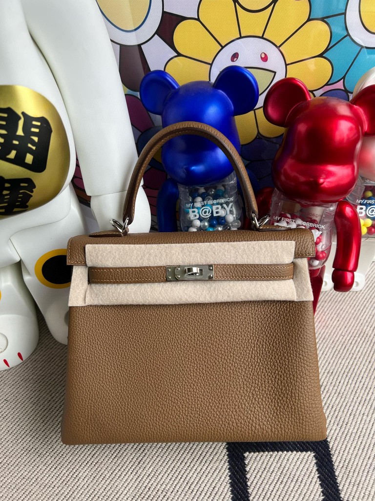 Hermès（爱马仕）kelly 凯莉包 原厂小牛皮 togo 3G 栗子棕 内拼 墨西哥粉 银扣 25cm 顶级手缝