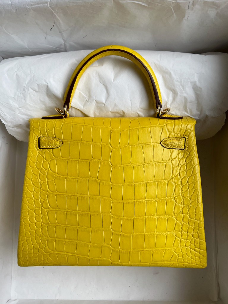Hermès（爱马仕）kelly 凯莉包 Alligator matt 雾面鳄鱼 M9 金盏花黄 内拼 帝王绿 金扣 25cm 马蹄印 顶级手缝
