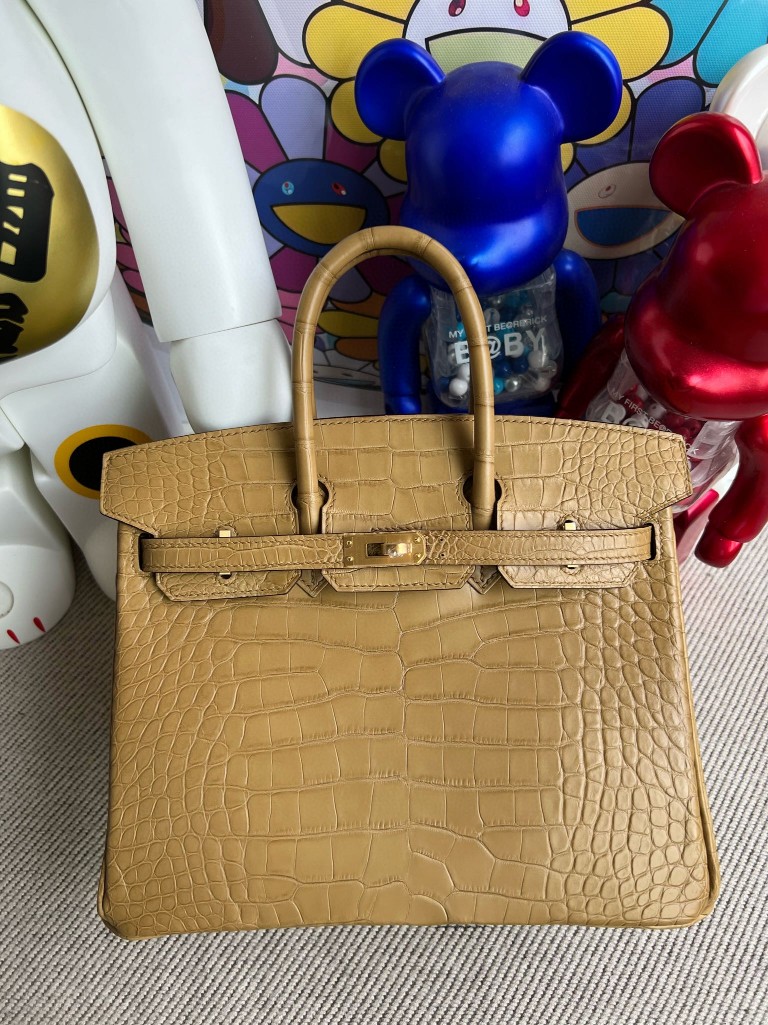 Hermès（爱马仕）Birkin 铂金包 Alligator matt 雾面鳄鱼 纸皮色 内拼 柠檬黄 金扣  25cm 顶级手缝