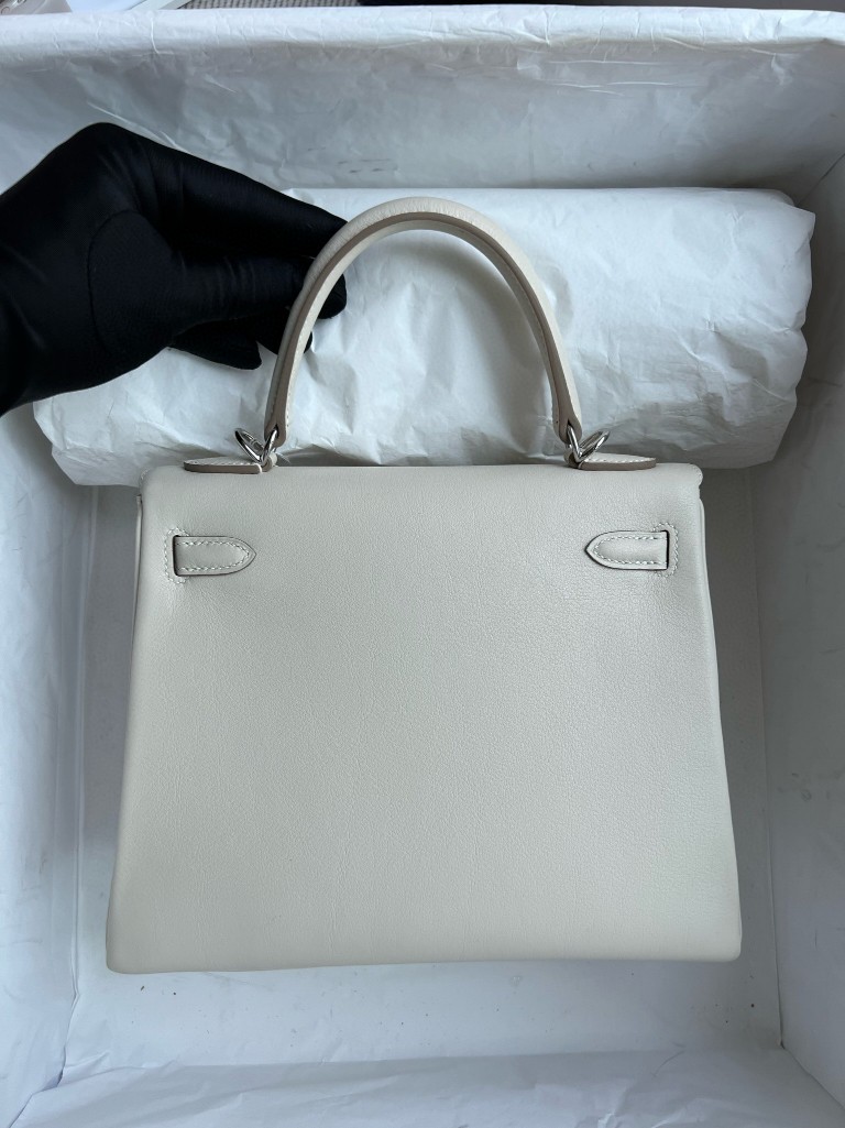 Hermès（爱马仕）Kelly 凯莉包 swift 奶昔白 内拼 杜鹃红 银扣 内缝 25cm