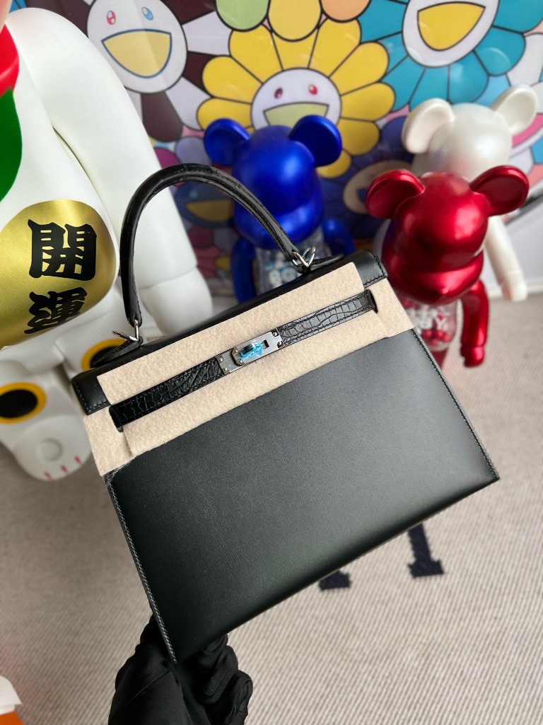 Hermès（爱马仕）Kelly 凯莉包 Touch Boxcalf ck89 黑色 雾面鳄鱼 银扣 25cm 顶级手缝
