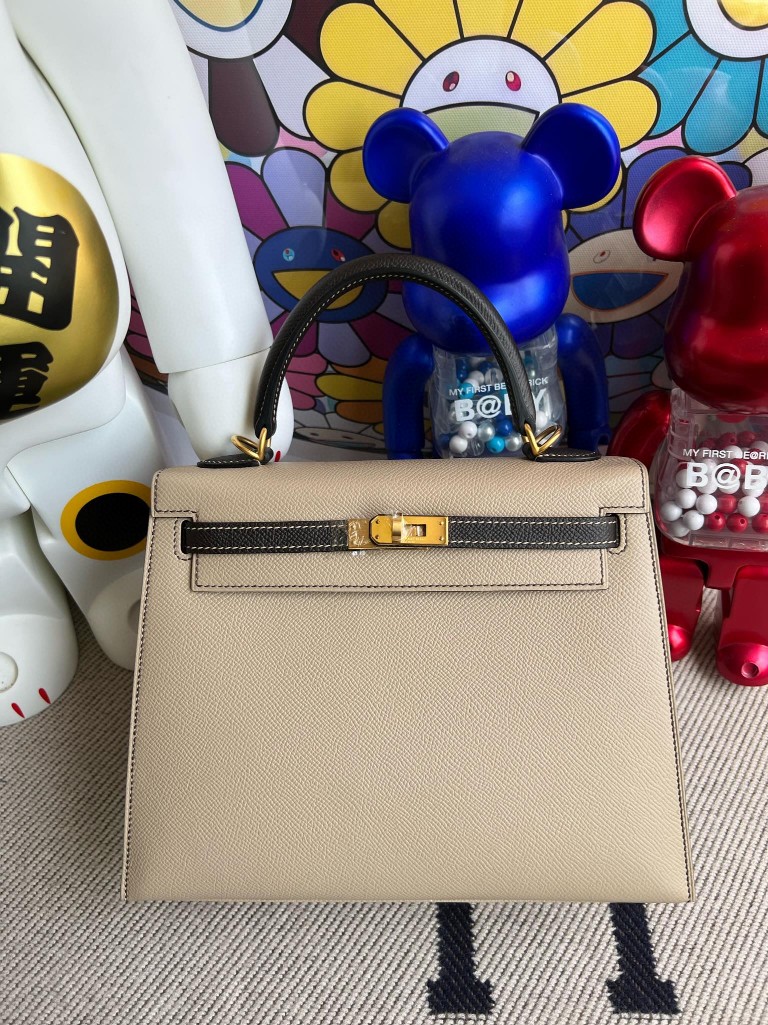 Hermès（爱马仕）Kelly 凯莉包 Epsom 原厂掌纹皮 风衣灰 拼 巧克力色 磨砂金扣 25cm 马蹄印 顶级手缝