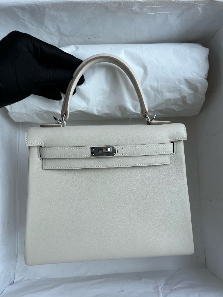 Hermès（爱马仕）Kelly 凯莉包 swift 奶昔白 内拼 杜鹃红 银扣 内缝 25cm