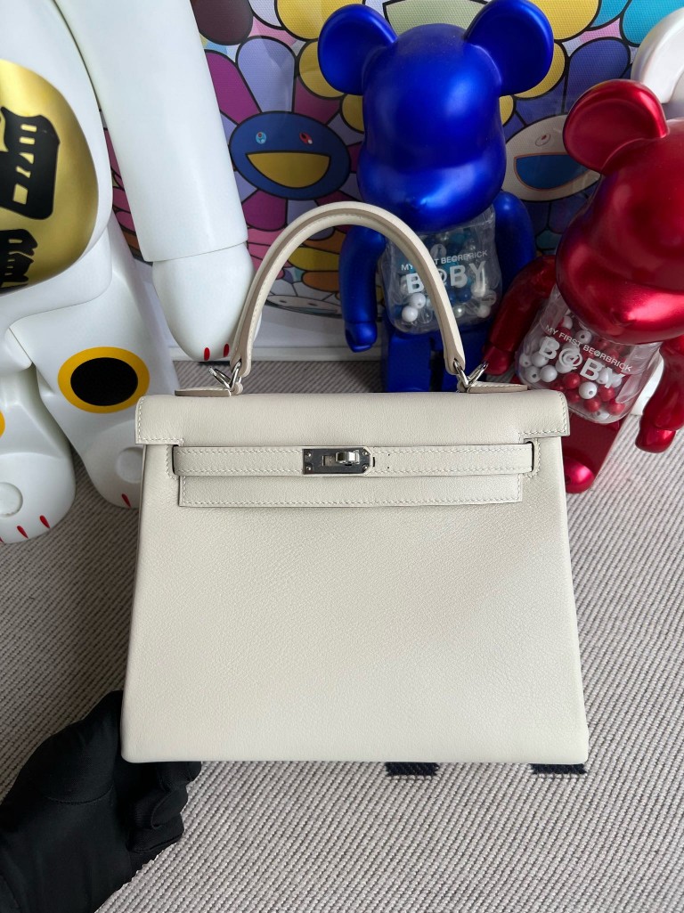 Hermès（爱马仕）Kelly 凯莉包 swift 奶昔白 内拼 杜鹃红 银扣 内缝 25cm
