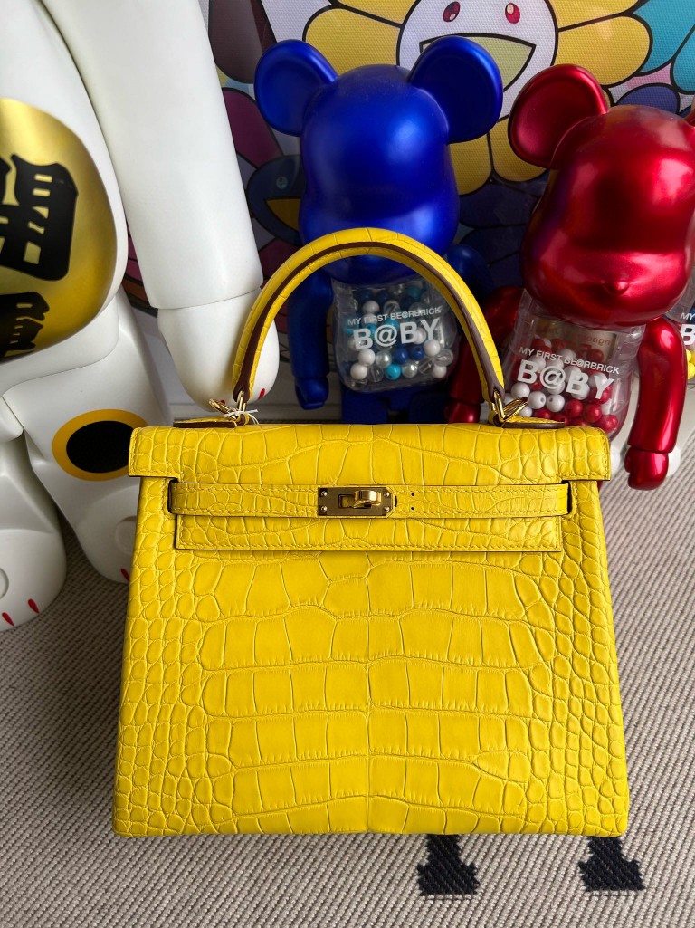 Hermès（爱马仕）kelly 凯莉包 Alligator matt 雾面鳄鱼 M9 金盏花黄 内拼 帝王绿 金扣 25cm 马蹄印 顶级手缝