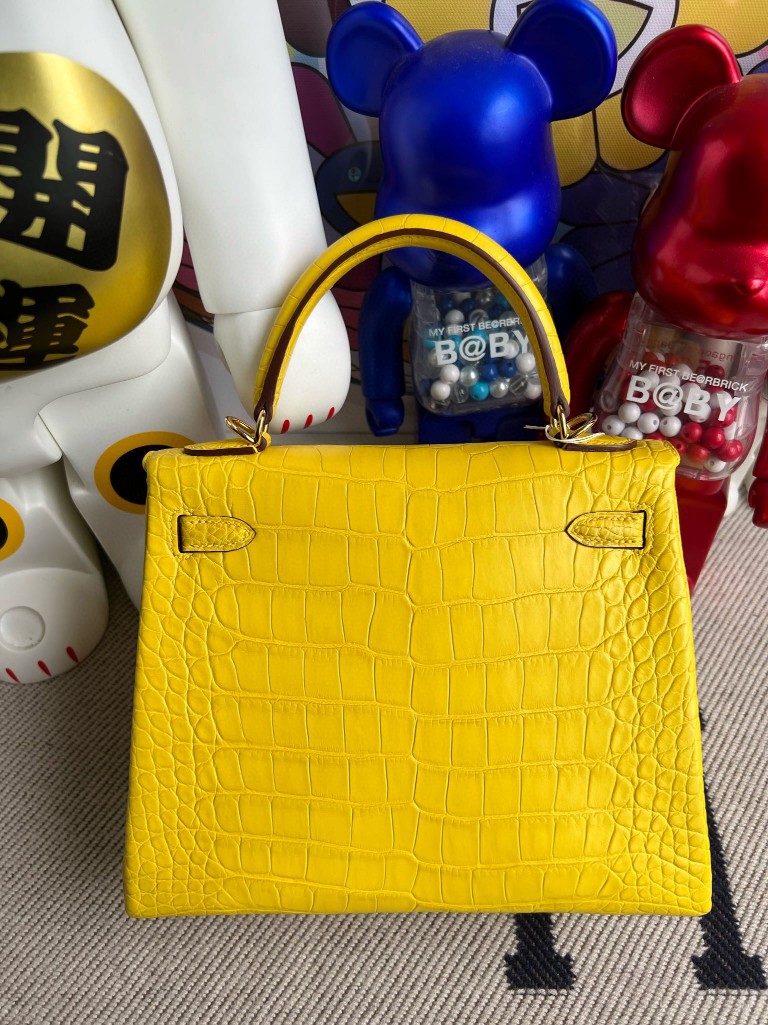 Hermès（爱马仕）kelly 凯莉包 Alligator matt 雾面鳄鱼 M9 金盏花黄 内拼 帝王绿 金扣 25cm 马蹄印 顶级手缝