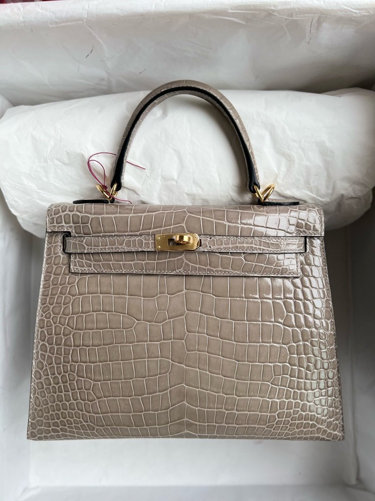 Hermès（爱马仕）Kelly 凯莉包 Porosus shiny 亮面鳄鱼 ck81 斑鸠灰 Gris T 金扣 25cm 顶级手缝