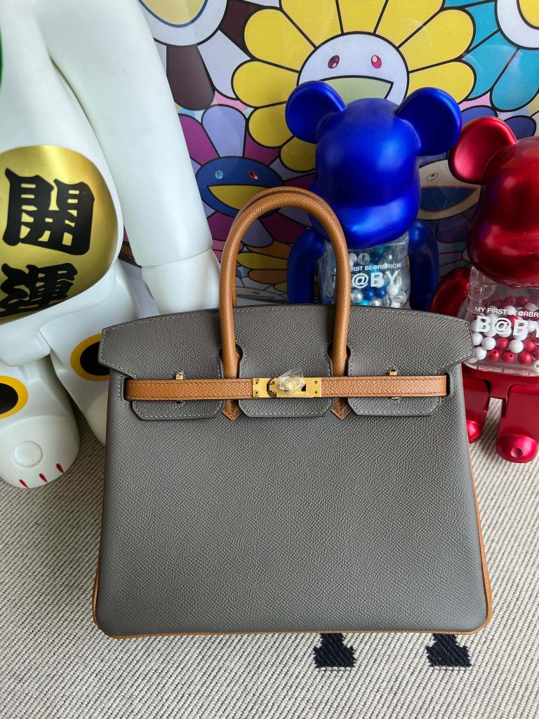 Hermès（爱马仕）Birkin 铂金包 Epsom 原厂掌纹皮 锡器灰 拼 金棕色 金扣 25cm 马蹄印 顶级手缝