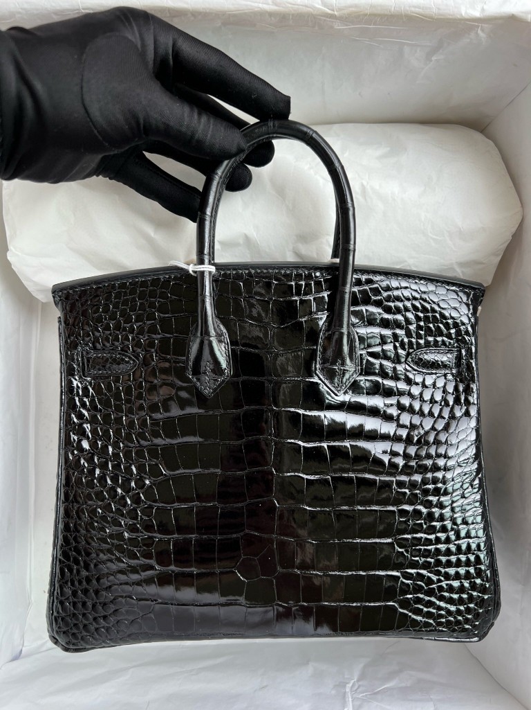Hermès（爱马仕）Birkin 铂金包 Alligator shiny 亮面鳄鱼 ck89 黑色 Noir 银扣 顶级手缝