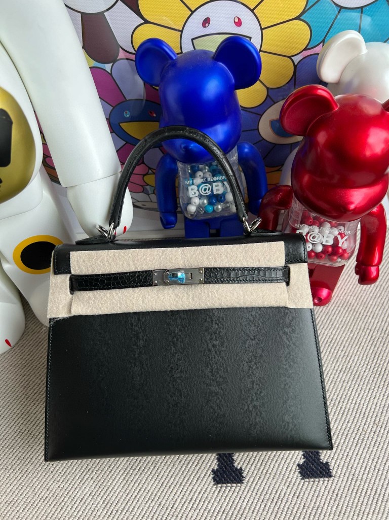 Hermès（爱马仕）Kelly 凯莉包 Touch Boxcalf ck89 黑色 雾面鳄鱼 银扣 25cm 顶级手缝