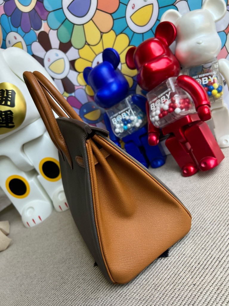 Hermès（爱马仕）Birkin 铂金包 Epsom 原厂掌纹皮 锡器灰 拼 金棕色 金扣 25cm 马蹄印 顶级手缝