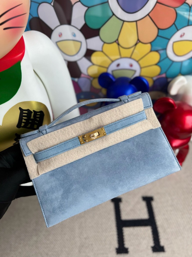 Hermès（爱马仕）Mini pochette 麂皮 蓝色 金扣 22cm 顶级手缝 手拿包 晚宴包
