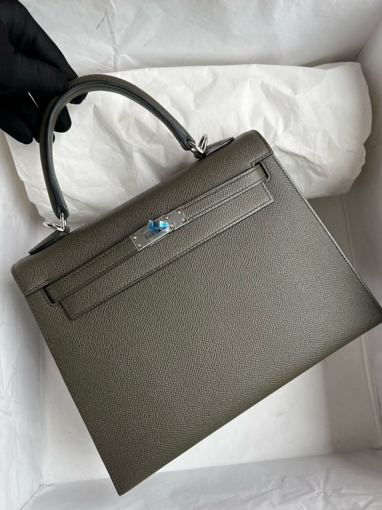 Hermès(爱马仕)Kelly 凯莉包 掌纹皮 Epsom C6 灰绿色 银扣 25cm-拉尔森鳄鱼皮具定制 - 爱马仕包包官网 Hermès(爱马仕)Kelly 凯莉包 掌纹皮 Epsom C6 灰绿色 银扣 25cm