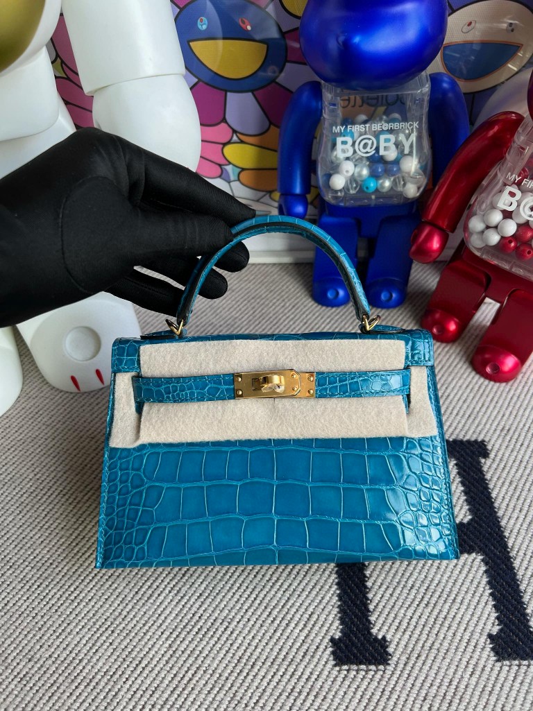 Hermès（爱马仕）Mini kelly ll Alligator shiny 亮面鳄鱼 7w 伊兹密尔蓝 金扣 顶级手缝
