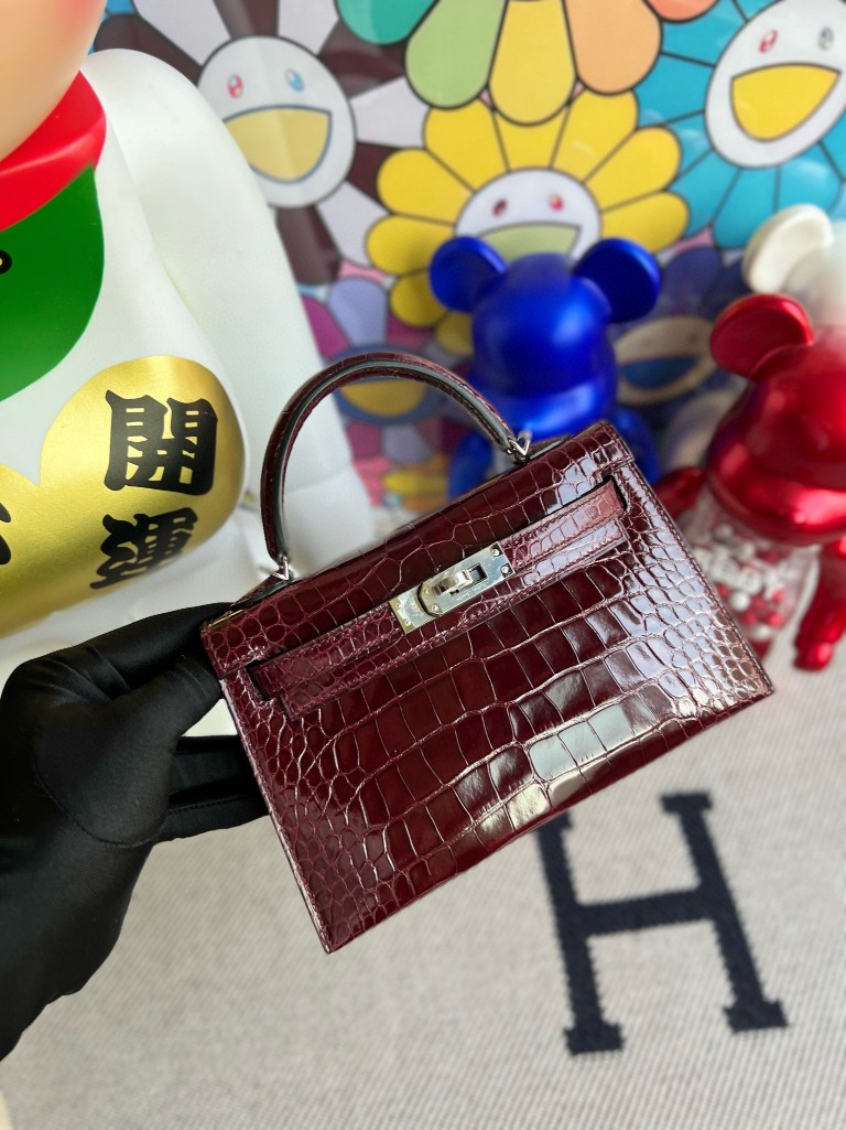 Hermès（爱马仕）Mini kelly ll Alligator shiny 亮面鳄鱼 F5 勃艮第酒红 银扣 顶级手缝