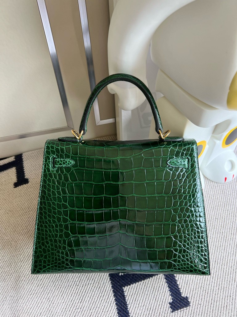Hermès（爱马仕）Kelly 凯莉包 Alligator shiny 亮面鳄鱼 ck67 祖母绿 金扣 25cm