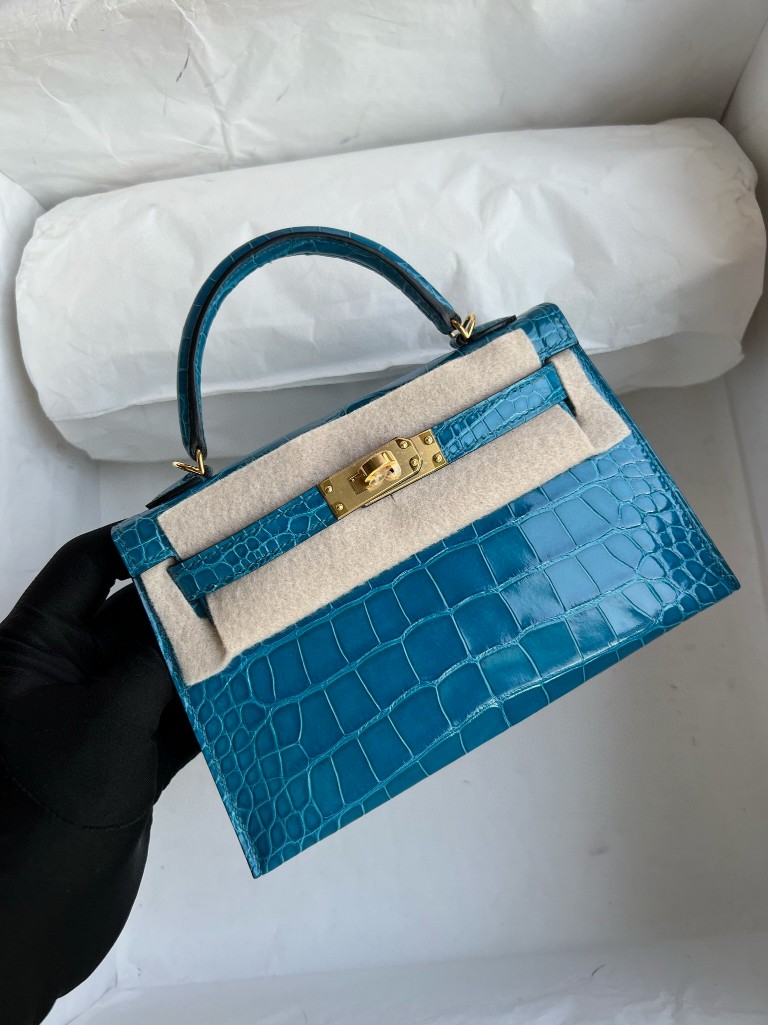Hermès（爱马仕）Mini kelly ll Alligator shiny 亮面鳄鱼 7w 伊兹密尔蓝 金扣 顶级手缝