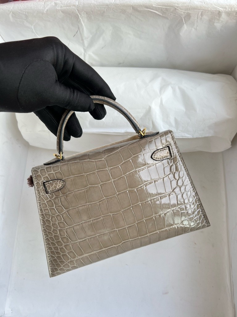 Hermès（爱马仕）Mini kelly ll Alligator shiny 亮面鳄鱼 ck81 斑鸠灰 gris T 金扣 顶级手缝