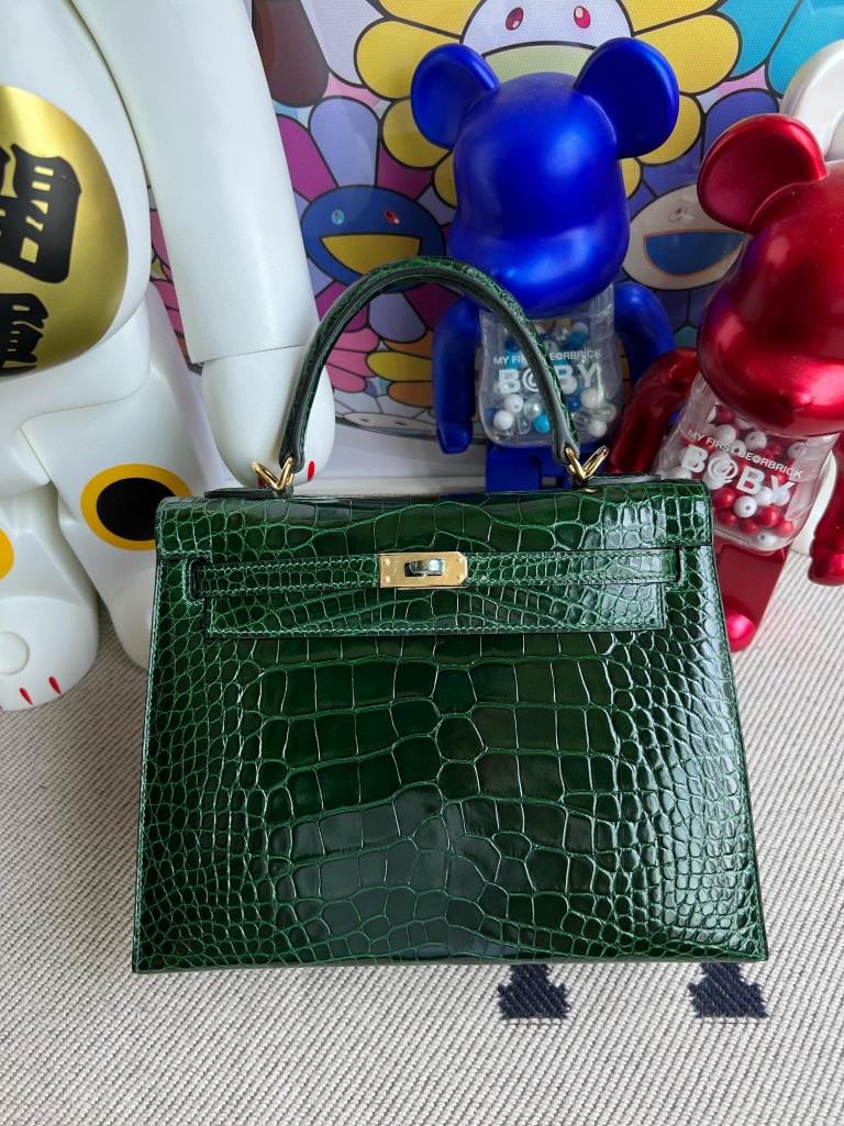 Hermès（爱马仕）Kelly 凯莉包 Alligator shiny 亮面鳄鱼 ck67 祖母绿 金扣 25cm