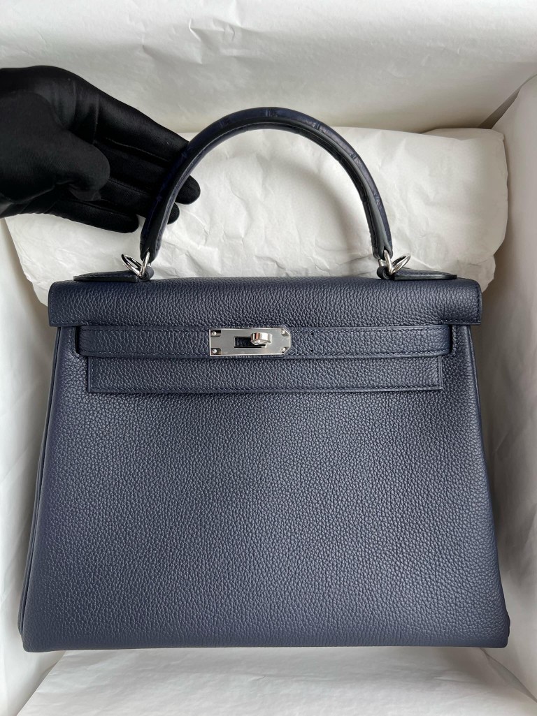 Hermès(爱马仕)Kelly 凯莉包 Touch 系列 午夜蓝 雾面鳄 银扣 28cm 顶级手缝-拉尔森鳄鱼皮具定制 - 爱马仕包包官网 Hermès(爱马仕)Kelly 凯莉包 Touch 系列 午夜蓝 雾面鳄 银扣 28cm 顶级手缝