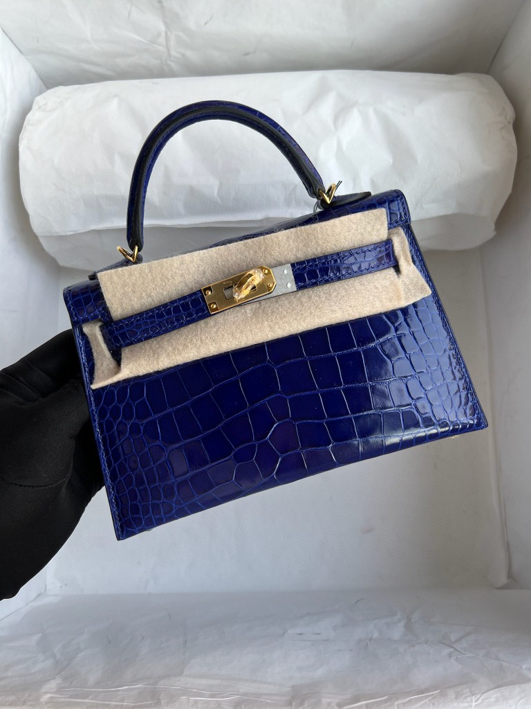Hermès（爱马仕）Mini kelly ll Alligator shiny 亮面鳄鱼 7T eletric blue 电光蓝 金扣 顶级手缝