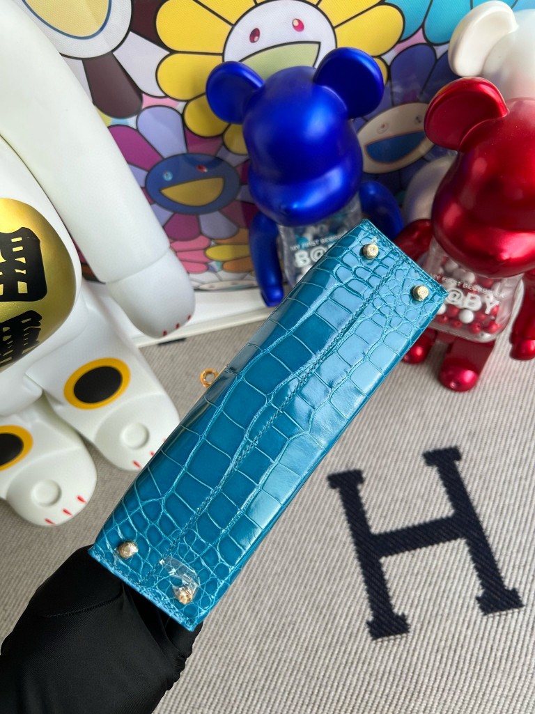 Hermès（爱马仕）Mini kelly ll Alligator shiny 亮面鳄鱼 7w 伊兹密尔蓝 金扣 顶级手缝
