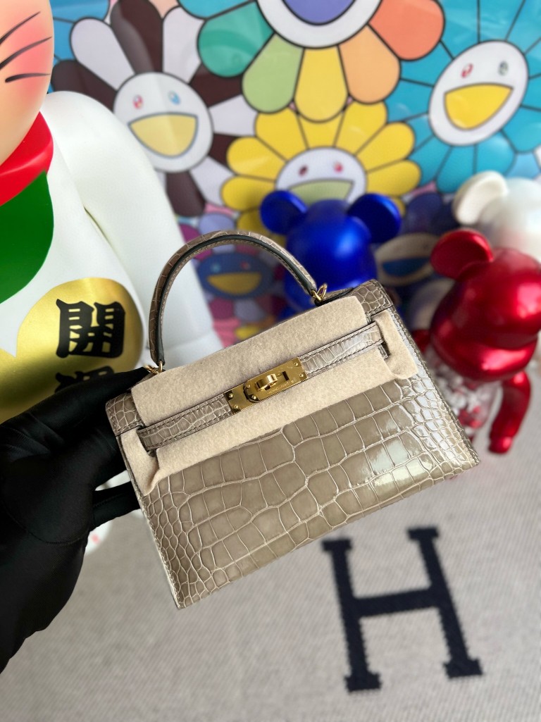 Hermès（爱马仕）Mini kelly ll Alligator shiny 亮面鳄鱼 ck81 斑鸠灰 gris T 金扣 顶级手缝