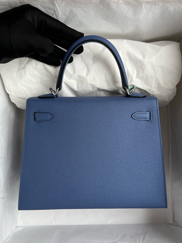 Hermès(爱马仕)Kelly 凯莉包 掌纹皮 Epsom 7E 明蓝色 银扣 25cm-拉尔森鳄鱼皮具定制 - 爱马仕包包官网 Hermès(爱马仕)Kelly 凯莉包 掌纹皮 Epsom 7E 明蓝色 银扣 25cm