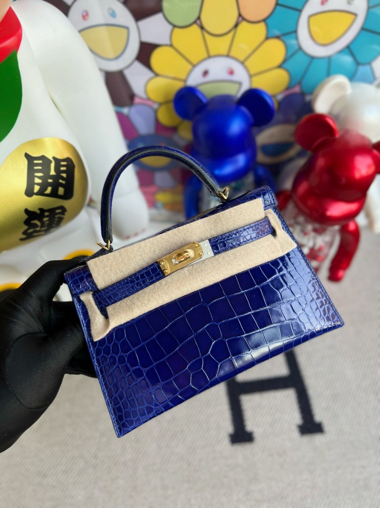Hermès（爱马仕）Mini kelly ll Alligator shiny 亮面鳄鱼 7T eletric blue 电光蓝 金扣 顶级手缝