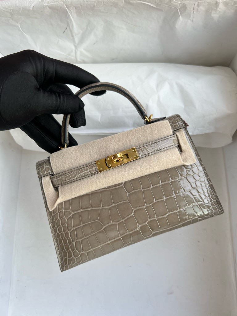 Hermès（爱马仕）Mini kelly ll Alligator shiny 亮面鳄鱼 ck81 斑鸠灰 gris T 金扣 顶级手缝