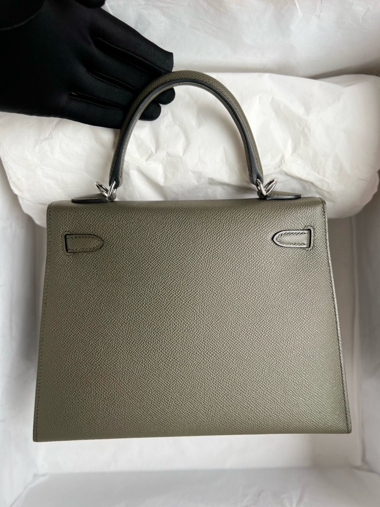 Hermès(爱马仕)Kelly 凯莉包 掌纹皮 Epsom C6 灰绿色 银扣 25cm-拉尔森鳄鱼皮具定制 - 爱马仕包包官网 Hermès(爱马仕)Kelly 凯莉包 掌纹皮 Epsom C6 灰绿色 银扣 25cm