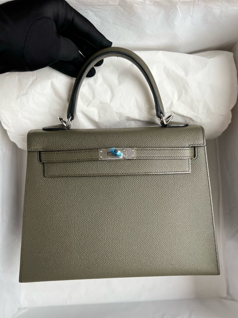 Hermès(爱马仕)Kelly 凯莉包 掌纹皮 Epsom C6 灰绿色 银扣 25cm-拉尔森鳄鱼皮具定制 - 爱马仕包包官网 Hermès(爱马仕)Kelly 凯莉包 掌纹皮 Epsom C6 灰绿色 银扣 25cm
