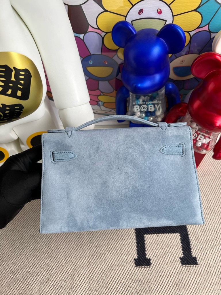 Hermès（爱马仕）Mini pochette 麂皮 蓝色 金扣 22cm 顶级手缝 手拿包 晚宴包