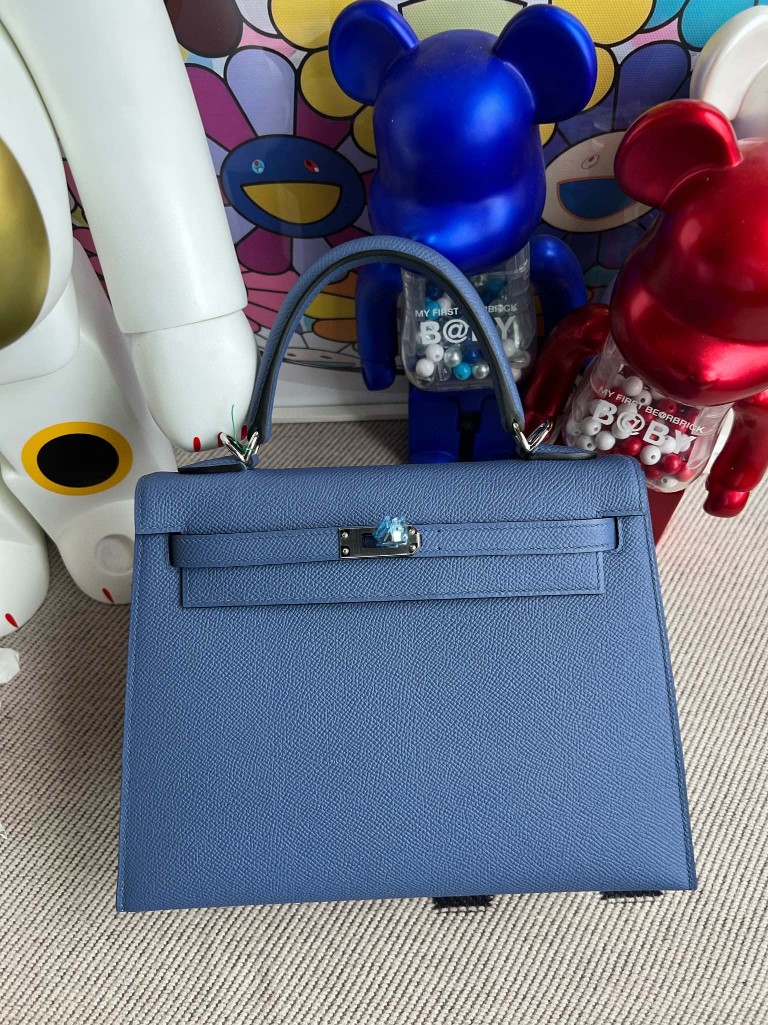 Hermès(爱马仕)Kelly 凯莉包 掌纹皮 Epsom 7E 明蓝色 银扣 25cm-拉尔森鳄鱼皮具定制 - 爱马仕包包官网 Hermès(爱马仕)Kelly 凯莉包 掌纹皮 Epsom 7E 明蓝色 银扣 25cm