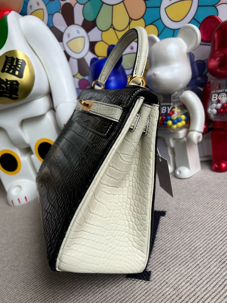Hermès（爱马仕）Kelly 凯莉包 Alligator matt 雾面鳄鱼 ck89 黑色 拼 Noir 8L 奶油白 beton 金扣 马蹄印 28cm